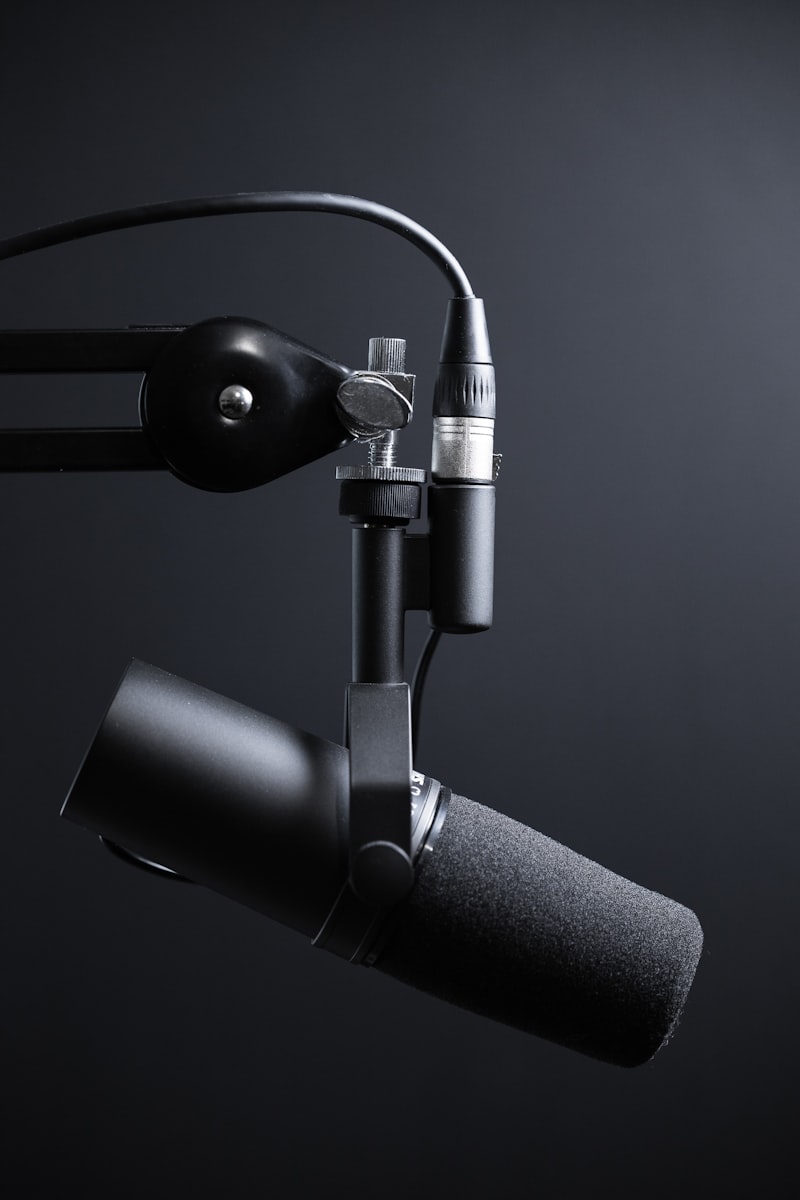 Un microfono professionale da podcast impostato davanti ad un ospite
